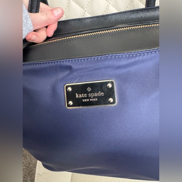 Kate Spade New York Navy Blue Nylon Tote Work Bag Zip Top Black Leather Handles - Picture 3 of 11